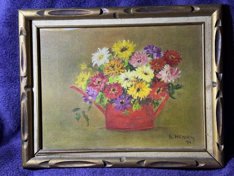 B. Henry Signed Framed Floral Still Life Realism Canvas Painting 1974 15x23