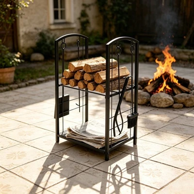 Black Firewood Log Rack,2 Tiers Logs Holder w/Tools Set,Wood Lumber Storage Rack - Image 1 of 4