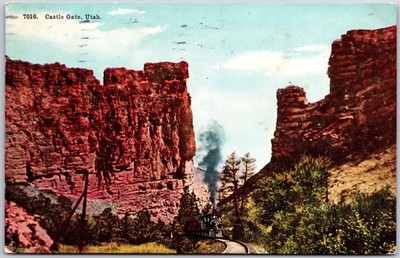 Utah UT, 1913 Train Passing Through Castle Gate, Rock Formation Vintage Postcard
