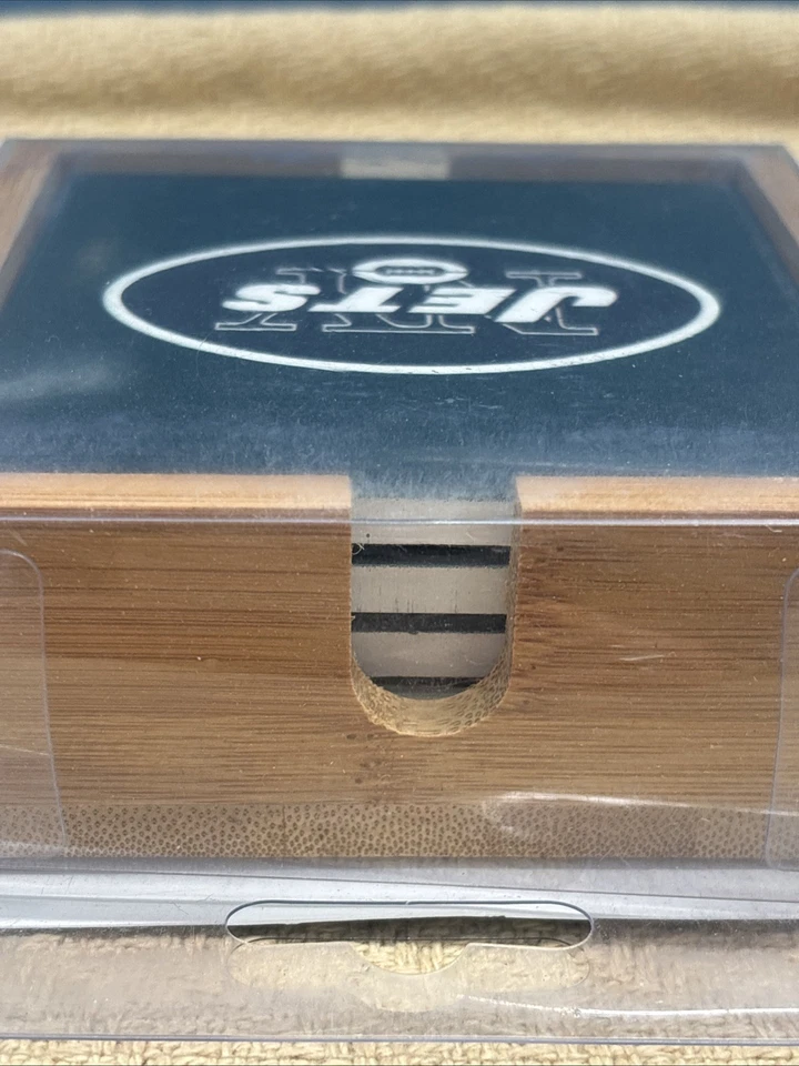 New York Jets Coasters Set of 4 Ceramic In Wood Caddy Drink Bar NFL Man Cave - Image 2 of 4