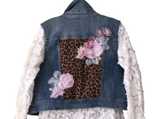 Womens Denim Vest Plus Size 2X Upcycled Roses Leopard Lace Bird Art To Wear