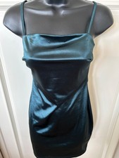 All In Favor Teal/Green Square Neck Spaghetti Strap Satin like Mini Dress S