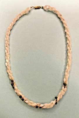 Mother of Pearl, Jade, Gold Tone Beads 3 Strand Twisted 18  Necklace, Preowned