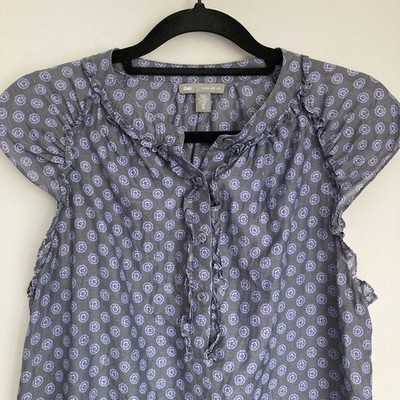 Gap Damen Top Flügelärmel Sommer Rüschen Seidenmischung Grau Blumen Y2K Bluse