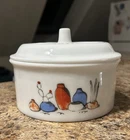 Vintage MCM Glazed Milk Glass Southwestern Theme Lidded Casserole Dish, Unmarked