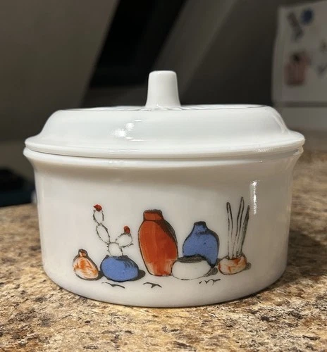 Vintage MCM Glazed Milk Glass Southwestern Theme Lidded Casserole Dish, Unmarked