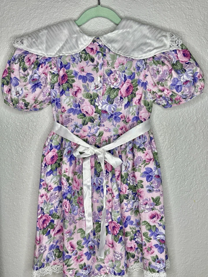 Vintage Girls Pink Purple Floral Lace Trim Puff Sleeve Dress Size 6x - Image 4 of 4