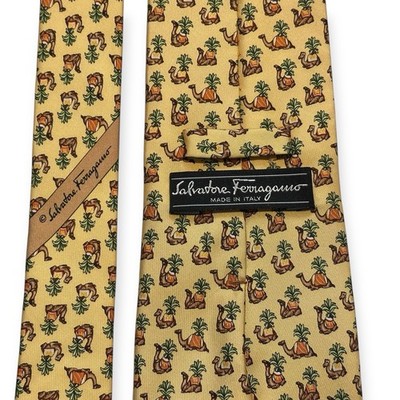 Salvatore Ferragamo Silk Tie Camel & Palm Tree Pattern Made in