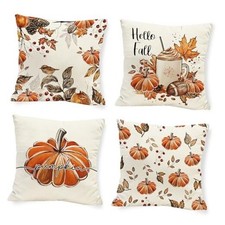 Hello Fall Pumpkin Pillow Covers 18x18 Inch, Autumn Bird Berries Throw Pillows