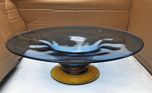 Vintage Blenko Glass Bowl Hand Blown Blue With Amber Base Center Piece