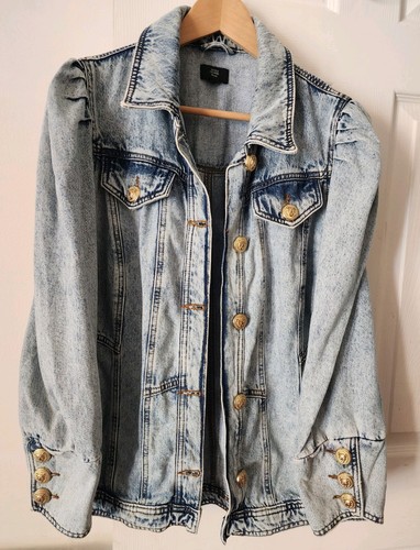 River Island Puff Sleeve Fitted Blue Denim Jacket Size 18 20 Gold tiger buttons