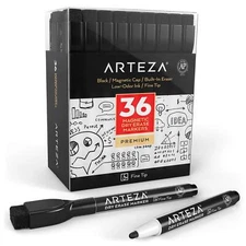 Arteza Dry Erase Markers with Magnetic Eraser Caps | Black | Fine Tip- 36 Pack
