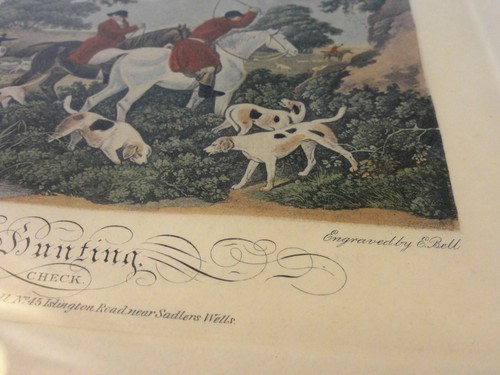 Antikes 4er Set handkolorierte gerahmte Gravuren - Morland und Glocke - Fuchsjagd - Bild 11 von 12
