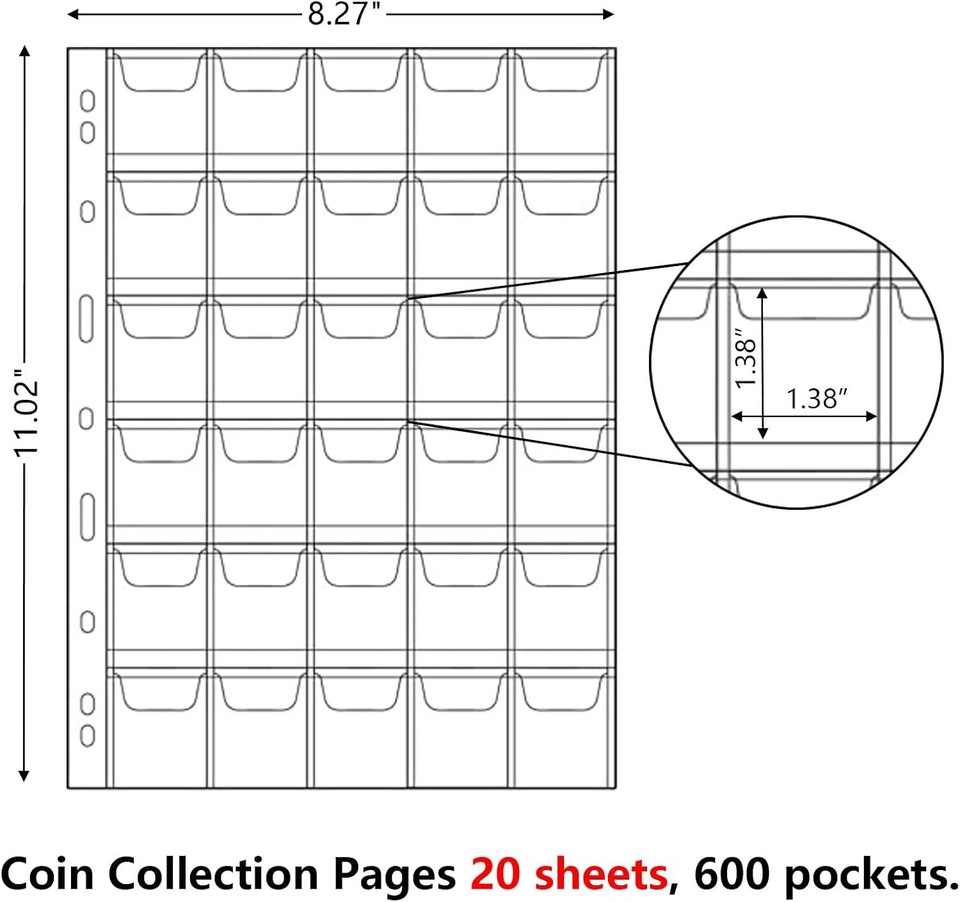 600 Pockets Coin Sleeves 20 Sheets Coin Pages Coin Collecting Supplies ...