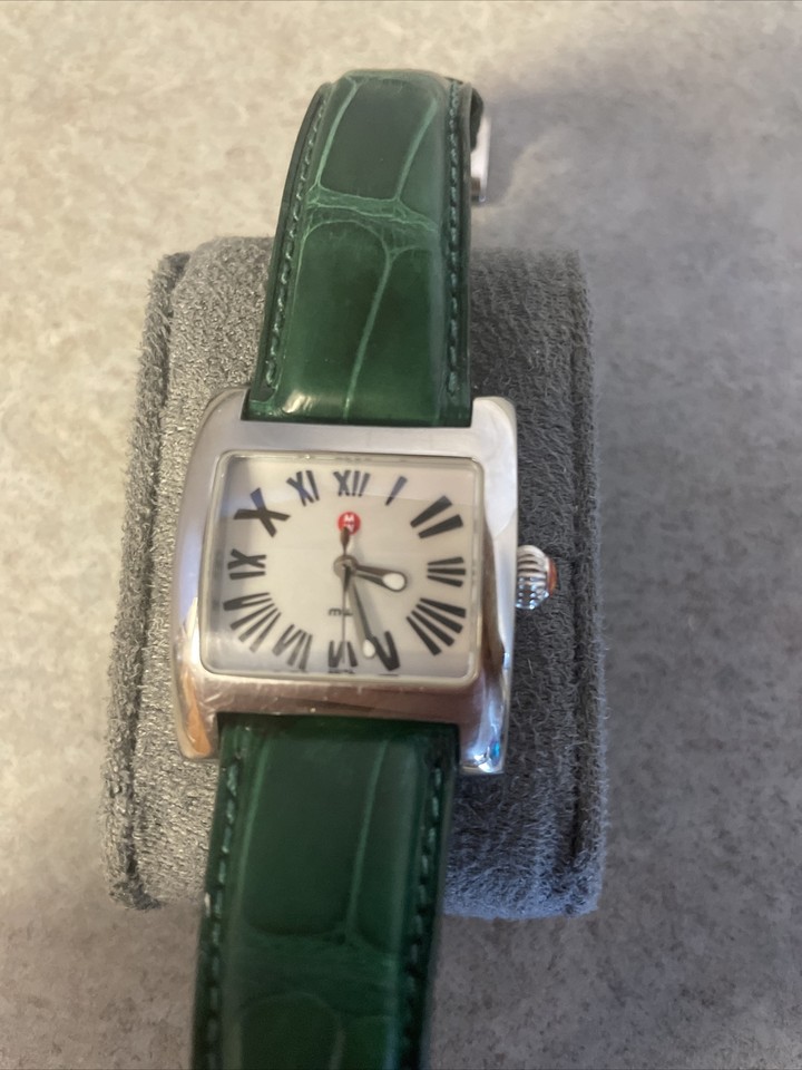 Michele MW MD01636 Swiss Square Quartz Women's Watch Green Bandnew