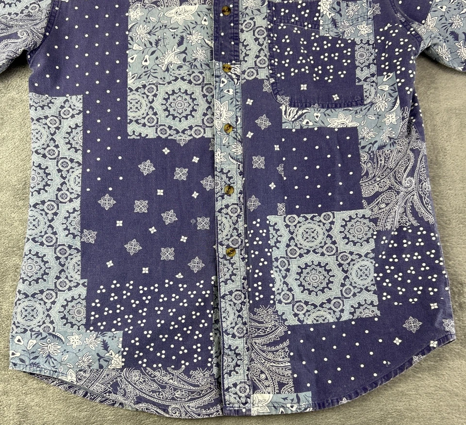 Bugle Boy Co Shirt Medium Vintage 90's Bandana Blue Patchwork Button Up Y2K - Image 2 of 4