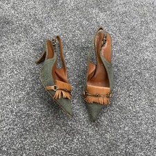 Y2K Vintage Denim Kitten Heels spitz Leder Fransen Schnalle Trense Bit Archiv