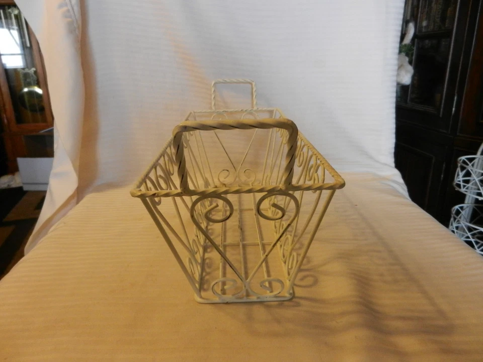 Decorative White Metal Rectangular Basket With Handles, Wire Design - Image 2 of 4