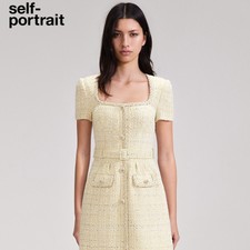 Self-Portrait Women's Cream Yellow Square Neck Short Sleeved A-Line Short Dress