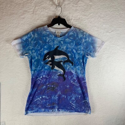 SeaWorld Womens Short Sleeve Blue Tie Dye Embellished Dolphin Shirt Size L 10017