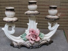 VINTAGE CAPODIMONTE ITALIAN PORCELAIN THREE CANDLE FLORAL CANDLE HOLDER