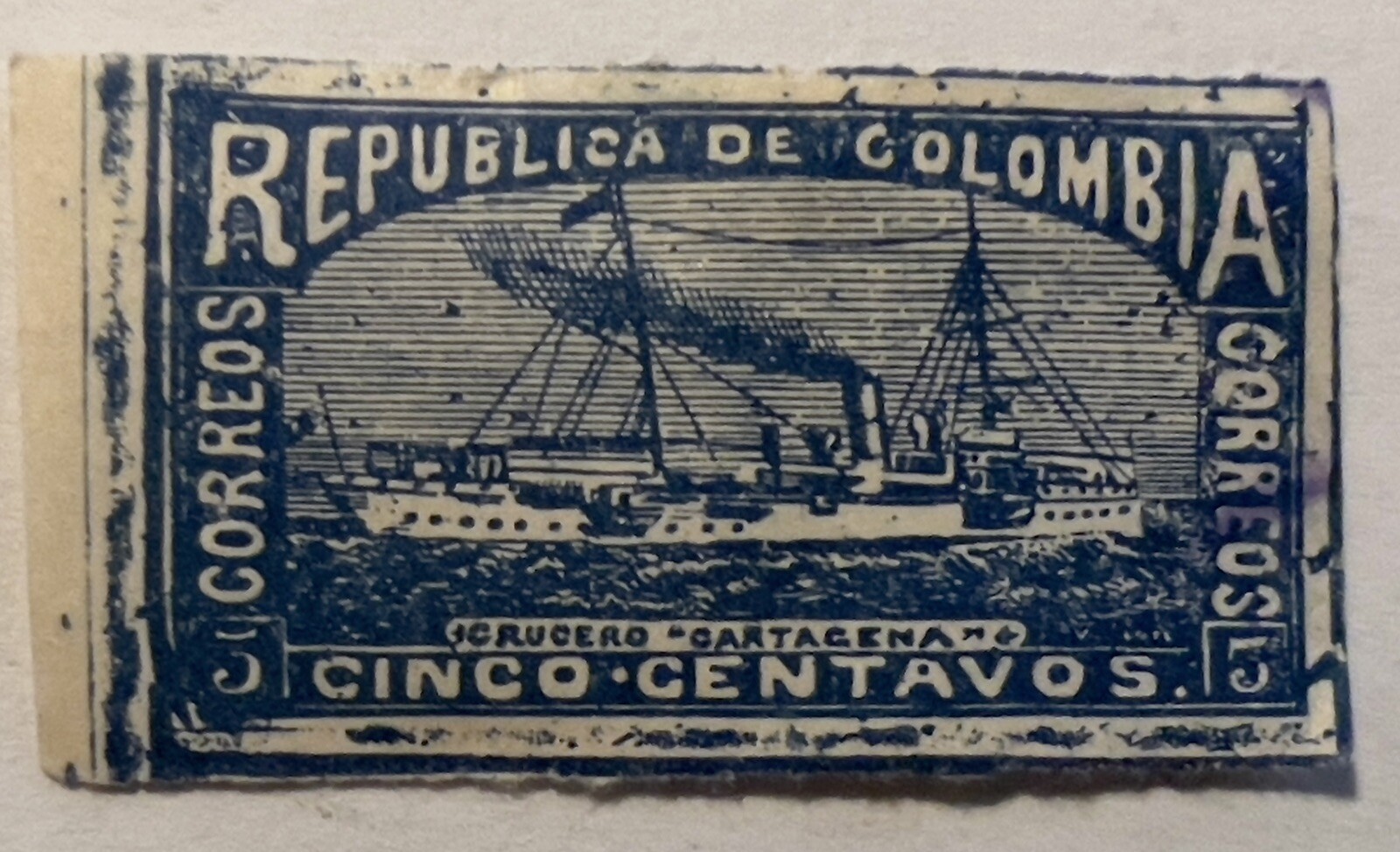 RARE 1902 COLOMBIA 5C IMPERF STAMP #209 GUNBOAT CARTAGENA