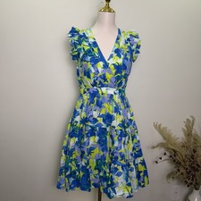 TAYLOR Floral Tiered Cotton Mini Dress Womens Small Flutter Sleeve with Pockets