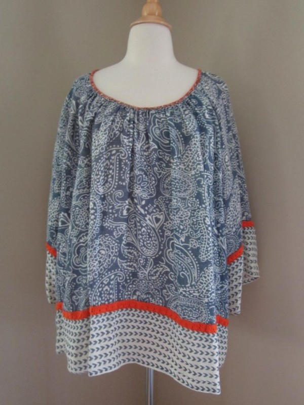 CALYPSO ST BARTH Blue White Orange Linen Paisley Print Tunic Style Top Size Med
