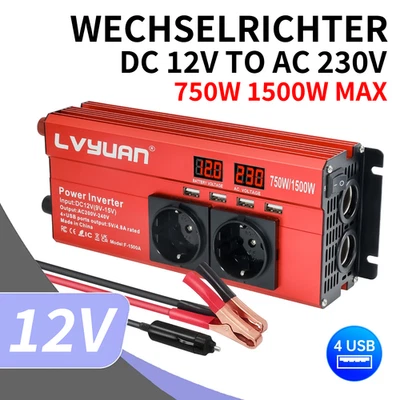 LVYUAN Auto Wechselrichter 750W 1500W Spannungswandler DC 12V auf AC 230V Inverter LCD