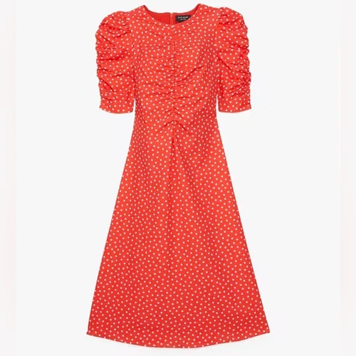 Abito Kate Spade Spring Time Dot rosso a pois increspato nuovo con etichetta