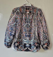 Tahari Blouse Womens S Multicolor Floral High Neck Balloon Sleeve Tunic Top