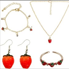 Strawberry Costume Jewelry Girls-Adjustable Ring Necklace Earrings Bracelet Set