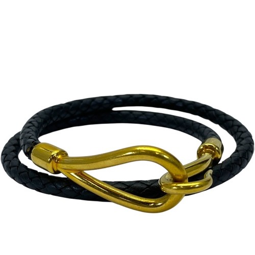 Bracelet Hermès Api Noir Et Argent - Cuir Et Métal, Occasion Bon état, Référence E60669a