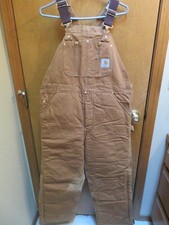 Carhartt Overalls Men's 36x30 Brown Duck Bib Double Knee Canvas Quilted RO3BRN