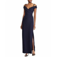 Lauren Ralph Lauren Womens Beaded Cold Shoulder Gown in Navy Size 12