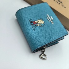 NEW Coach x Snoopy Print Cartoon Pattern Short Zip Wallet Blue