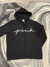 New Victoria  s Secret Pink Full Zip Hoodie Black L Drawstring Logo NWT