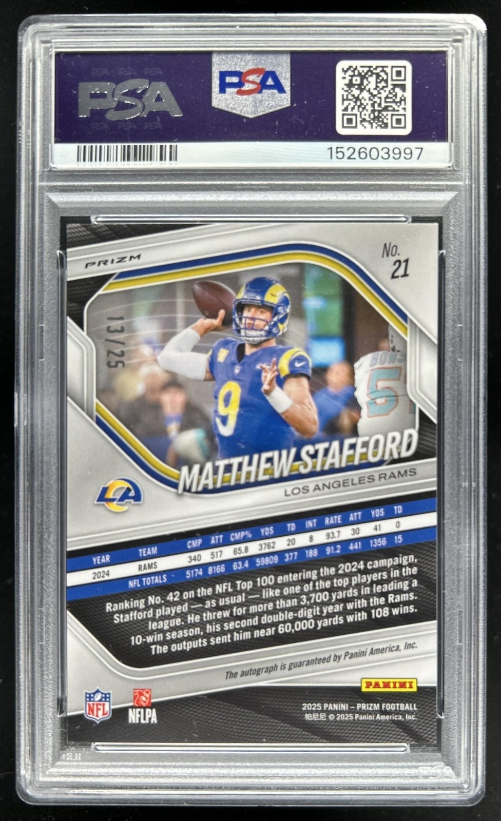 2025 Panini Prizm Matthew Stafford Auto Blue Shimmer #/25 Rams PSA 10 GEM MINT view 2