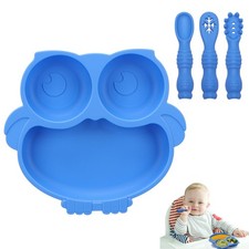 Alyvisun Owl Silicone Suction Plate for Baby, Toddler Cutlery with 3 Spoon