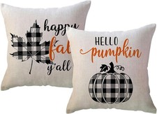 Autumn Fall Pillow Covers 18x18 Set of 2 Black Buffalo Plaid Check Pumpkin Maple