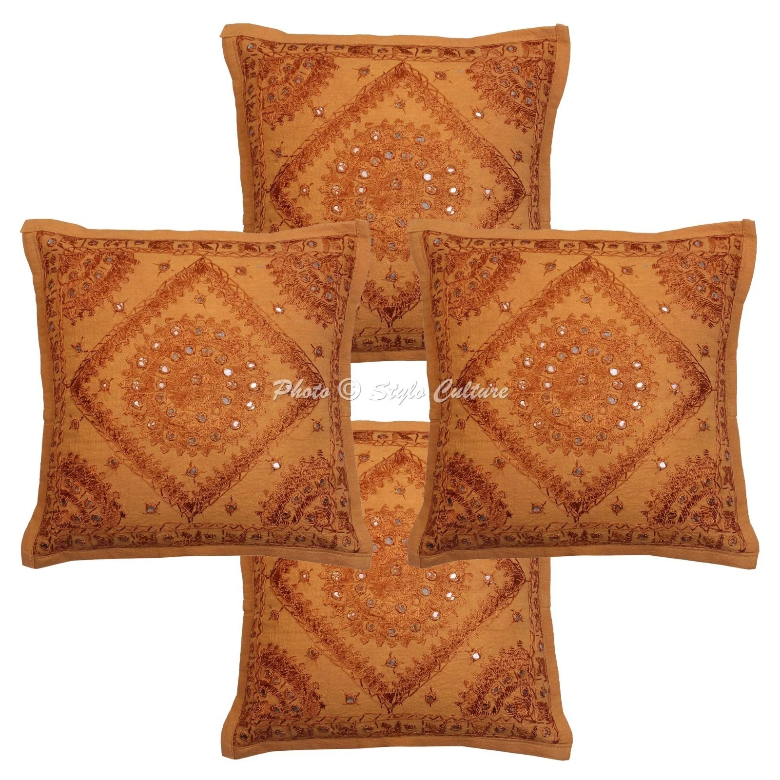 Boho Embroidered Throw Pillow Covers Cotton Mirrored 16x16 Inch Cushion Cover