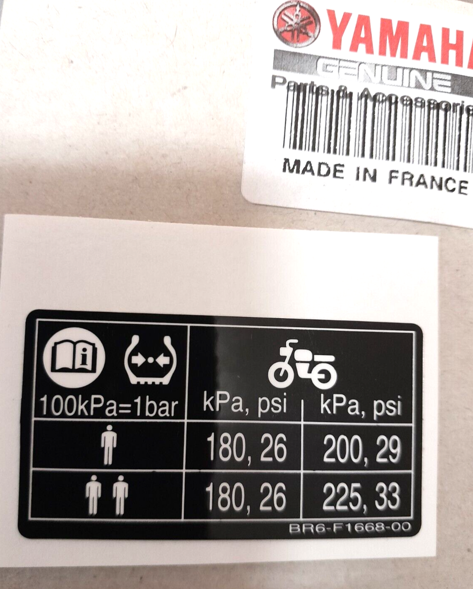 Adhesive Tire Pressure Label Yamaha MT 125 XSR 125 YZF R 125 from
