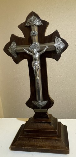 FRENCH ANTIQUE DATED 1929 ALTAR FREE STANDING CROSS CRUCIFIX - Picture 10 of 13