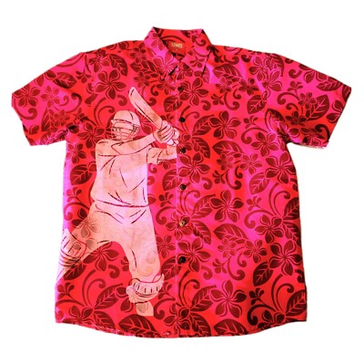 Lowes Men's Hawaiian Shirt Size M, Pink Cricket Batsman & Floral Tropical Print