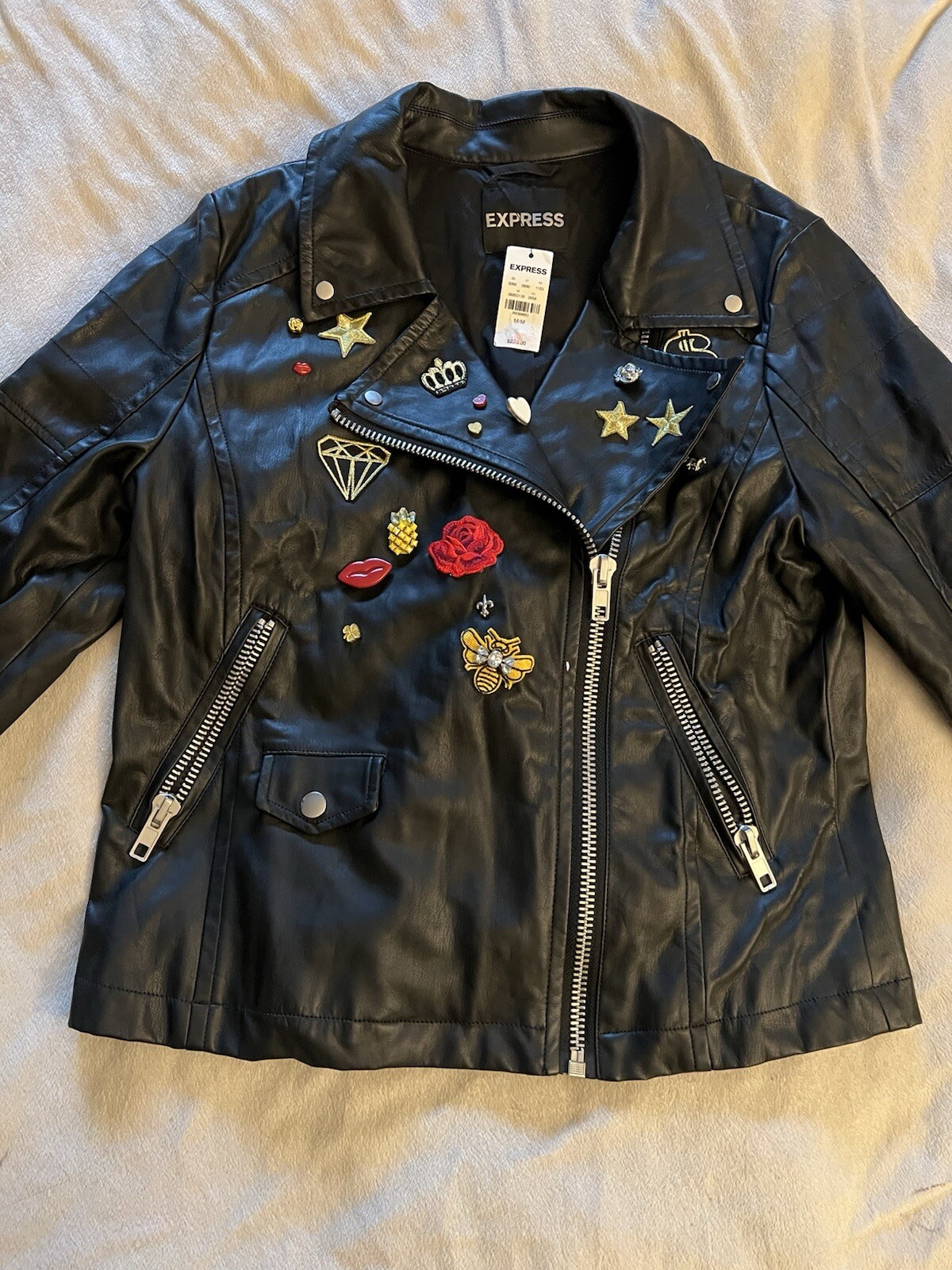NWTGS Women's Express Faux Leather Biker Moto Jacket Small Black Y2K Patches image 2