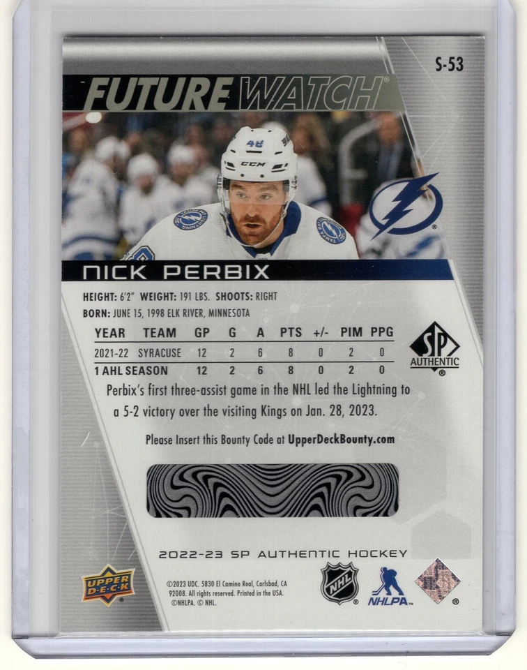 2022-23 SP Authentic Spectrum FX Future Watch Unscratched #S-53 Nick Perbix RC - Image 2 of 2