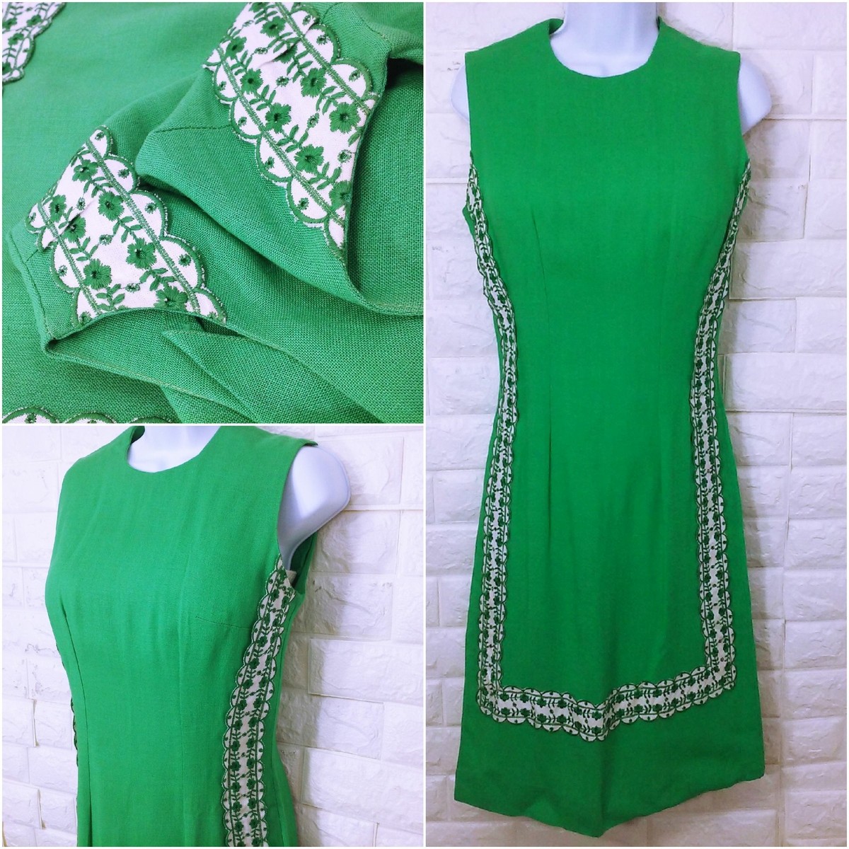 bright green linen dress Vintage 60s Sheath Scalloped Eyelet Trim Metal Zipper at cost