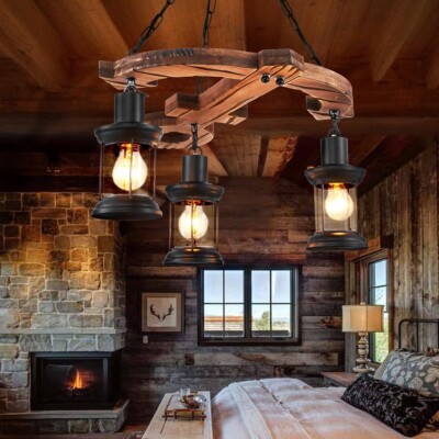 Anchor Wood Chandelier 3-Lights Ceiling Lighting Fixture Farmhouse Pendant Lamp