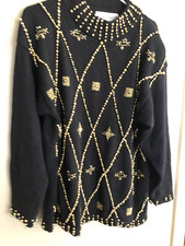 VICTORIA HARBOUR 90's Black  GOLD EMBELLISHMENTS Sweater Size M