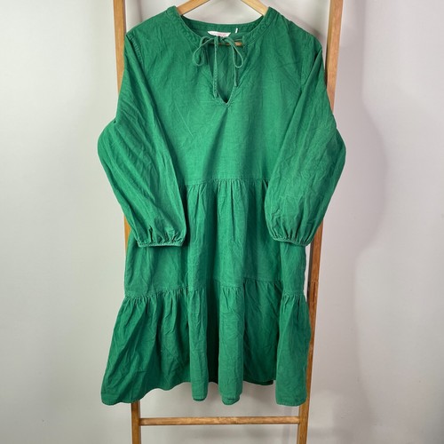 Gorman Dress Womens 10 Green Corduroy Organic Cotton Long Sleeve Tiered V-Neck